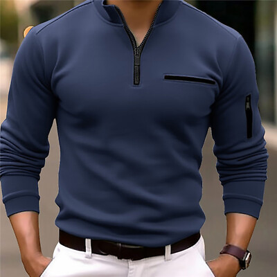 #ad Mens Shirt Long Sleeve T shirt Mens Zip Sport Solid Business Golf Tops Casual $15.25