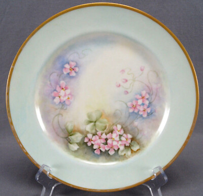 #ad Haviland Limoges Hand Painted Pink Floral Green amp; Gold 9 3 4 Inch Plate $65.00