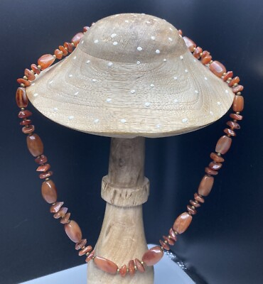#ad Carnelian Agate Semiprecious Stone Vintage Necklace Brass Barrel Clasp 24 in 73g $42.00