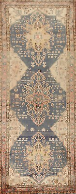#ad Vintage Geometric Navy Blue Red Heriz Serapi Handmade Rug Runner Carpet 4#x27;x12#x27; $1519.44