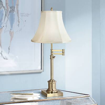 #ad Traditional Swing Arm Desk Table Lamp Brass Imperial Creme Shade Bedroom Office $153.99