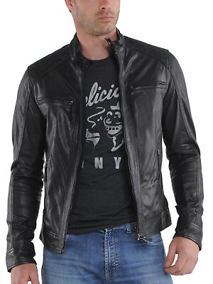 #ad New Leather Jacket Mens Biker Motorcycle Real Leather Coat Slim Fit Black #1055 $118.00