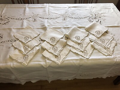 #ad 1940s Linen Tablecloth Embroidery With 12 Napkins $100.00