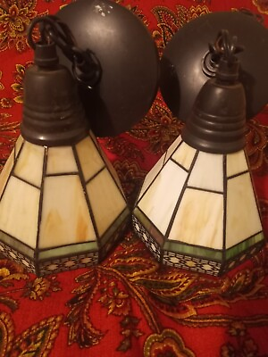 #ad 2 Vtg Tiffany Style Stained Glass Pendant Hanging Lights Ceiling Mount $60.00