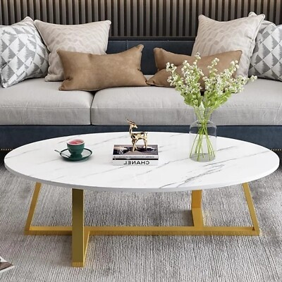 #ad Oval faux White Marble coffee Table gold elliptic modern side end table $149.99