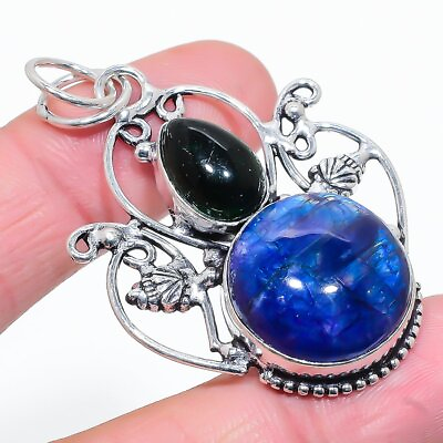#ad Hawaii Blue Moonstone Onyx Gemstone Sterling Silver Jewelry Pendant 2.21quot; N051 $47.06