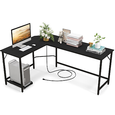 #ad L shaped Gaming Desk Computer Desk w CPU Stand Power Outlets Black $89.99