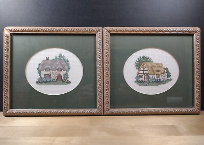 #ad Cross Stitch 2 Finished Pictures Cottages Farmhouses Houses In Frame Embroidery AU $59.00