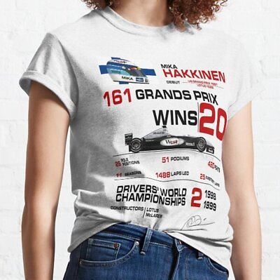 #ad Mika Hakkinen F1 Stats with car amp; helmet design Classic T Shirt $25.99