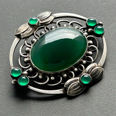 #ad Rare Georg Jensen No.91 Sterling Silver Pin Brooch With Green Stone $1280.00