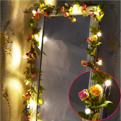 #ad 20 LED Rose Flower String Lights Battery Powered 7.2ft Artificial Flower Garland $25.55