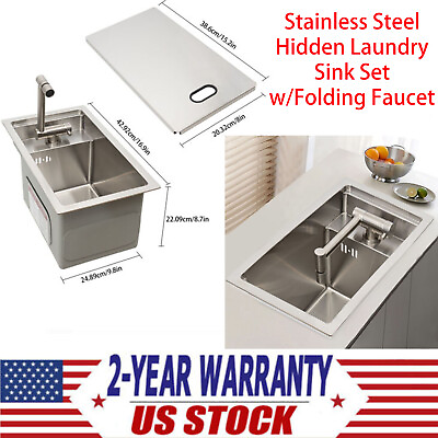 #ad Single Bowl Bar Kitchen Laundry Sink Set Stainless Steel Hidden w Folding Faucet $216.19
