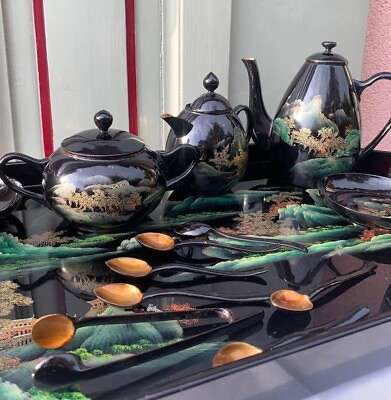 #ad Servizio da tè su vassoio in legno laccato. 20 articoli. Cina. Vintage. Anni #x27;70 EUR 180.00