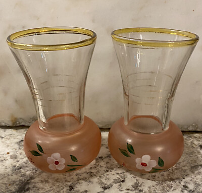 #ad Antique Pair Frosted Pink Glass Bud Vases Hand Painted Gold Rims $26.00