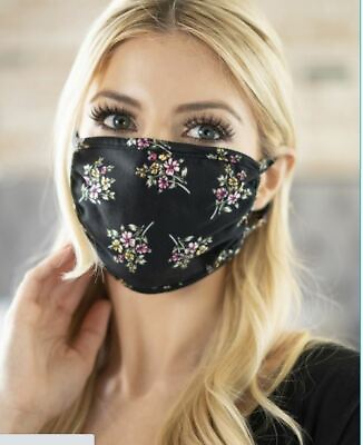 #ad Black Floral Purple Gold Pretty Cotton Spandex Reusable Face Masks Lot Of 3 $4.99
