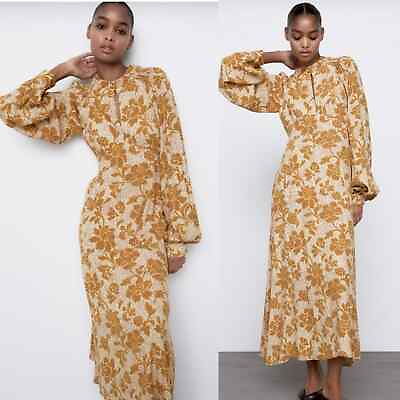 #ad Zara Tan Floral Boho Long Sleeve Maxi Dress XS $54.88