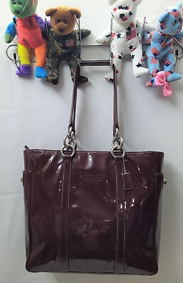 #ad Coach Galaxy Purple Plum Patent Leather Tunrlock Pocket Double Handle Tote Bag $130.50