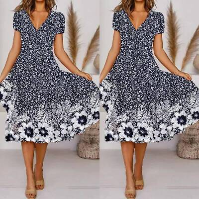 #ad #ad ⭐⭐⭐⭐⭐Womens Floral Print V Neck Swing Dresses Summer Short Sleeve Beach Sundress $18.78