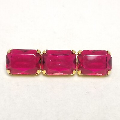 #ad Vintage Dark Pink and Gold Tone Rhinestone Bar Brooch 80s 90s Style Estate $24.00