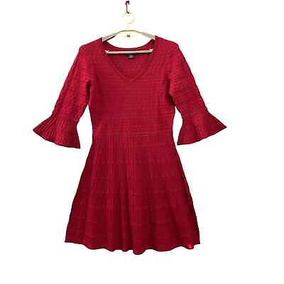 #ad Liz Claiborne Sweater Dress V Neck Fit Flare A Line Womens M Red 3 4 Bell Sleeve $19.95