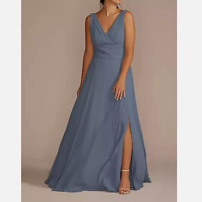 #ad Davids Bridal Long Chiffon Surplice Tank Bridesmaid Maxi Dress Blue Size 2 $34.99