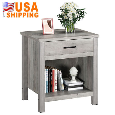 #ad Rustic Bedside Nightstand with Drawer and Open Shelf Industrial Square End Table $83.59
