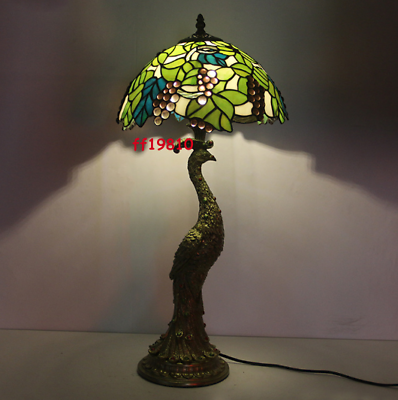 #ad Vintage Tiffany Style Stained Glass Peacock Table Lamp Desk Light Baroque Leaves $245.18