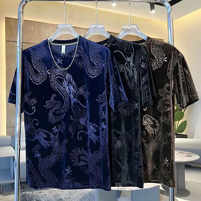 #ad New Fashion Dragon Print Trend Velvet Short Sleeve Luxury Men T Shirt 3 Colors $44.88