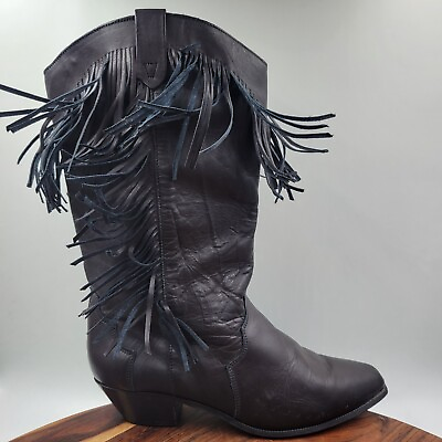 #ad Acme VTG Boots Women#x27;s 8.5M Black Leather Cowboy Western Fringe Boho Festival $35.98