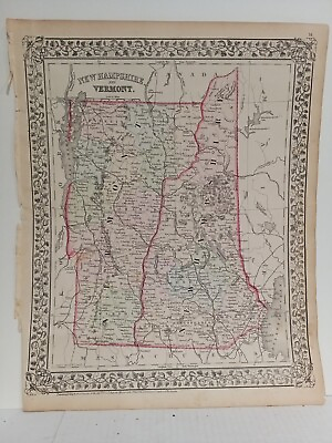 #ad 1873 Mitchell#x27;s Map of New Hampshire and Vermont Authentic Hand Colored Antique $75.99