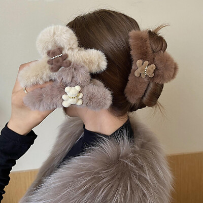 #ad Cute Bear Winter Fluffy Plush Large Hair Claw Clips Women Girls Faux Fur Hairpin $3.59