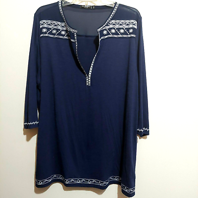 #ad Urban Coco Womens Tunic Blouse Top XXL Navy Embroidery 3 4 Sleeve Lightweight $10.00