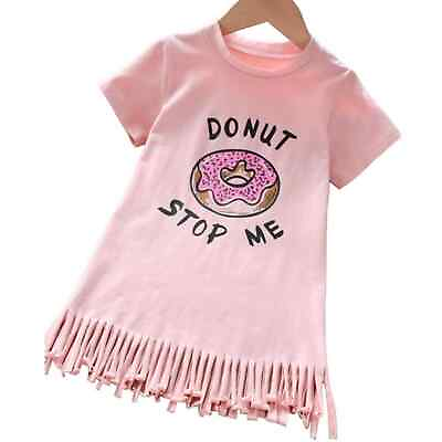 #ad 4T Girls Pink Donut Stop Me Graphic Print Short Sleeve Fringe Hem Shirt Dress $18.00