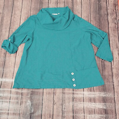 #ad Soft Surroundings Womens Tunic Teal 3X Cowl Neck Roll Tab Sleeve Striped $26.39