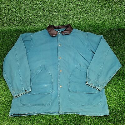 #ad Vintage 80s Woolrich Denim Barn Coat Jacket XL Green Aztec Blanket Lined Faded $44.55