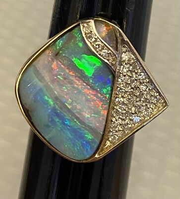 #ad 14K Gold Natural Boulder Opal Diamond Ring size 7.5 designer Samp;T modernist 1970s $1595.00