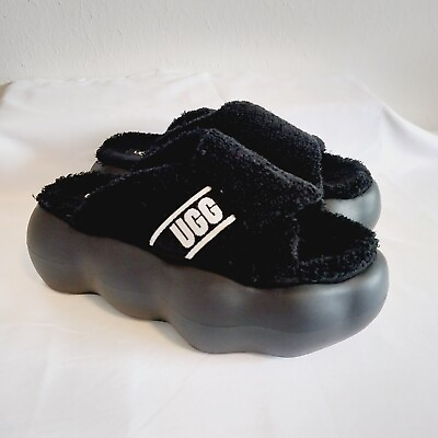 #ad UGG Black Terry Sugarcloud Slide Sandals 3quot; Platform Slippers Womens Size 9 $120.00