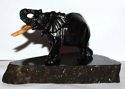 #ad Hand Carved Black Onyx Elephant Statue on Stone Base Gemstone Tanzanite Eyes 6quot; $725.00
