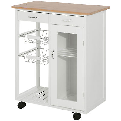#ad Rolling Kitchen Island with Storage Dining Room Trolley Cart Bamboo Top Cabinet $104.82
