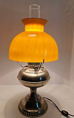 #ad Antique 19th C. RAYO Electric Nickel Oil GWTW Table Lamp with Yellow Gold Shade $249.99