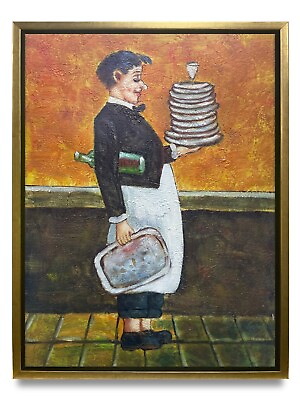 #ad NY Art Original Oil Painting of a Waiter on Canvas 12x16 Framed $147.00