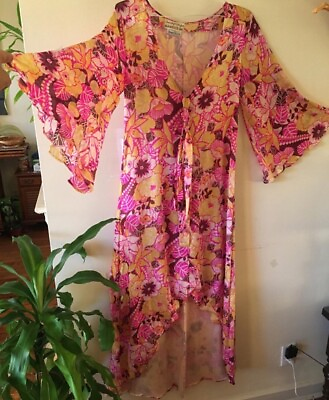 #ad Vtg 70s fuschia pinkyellow white 100% feather light silk floral dress gown S M $499.99