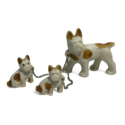 #ad Mama Dog amp; Puppies Figurines Vintage Bulldog Animal Spotted Chain Ceramic $12.99