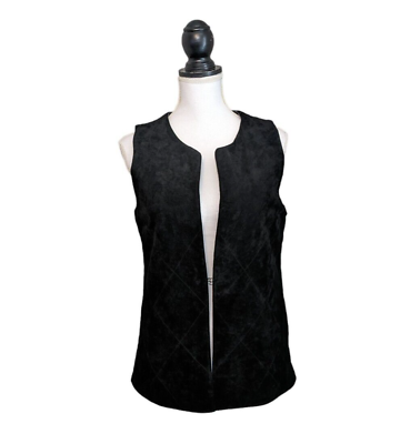 #ad Ecru Style Genuine Suede Black Sleeveless Vest Gilet Size Small Leather Quilted $44.97