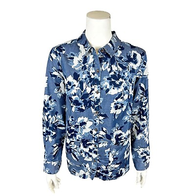 #ad Isaac Mizrahi Women#x27;s TRUE DENIM Printed Floral Button Front Shirt Indigo Size 2 $12.50