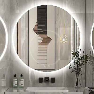 #ad 28 Inch LED Round MirrorRound Bathroom Mirror with LightFrameless Wall Moun... $250.77