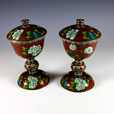 #ad Pair Vintage of Chinese Cloisonné 8quot; Lidded Urns w Lotus Flowers $225.00