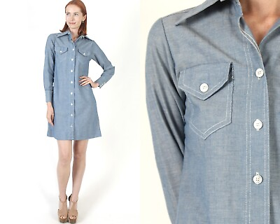 #ad Vtg 70s Minimalist Chambray Shirt Dress Button Up Wear To Work Casual Sailing $53.20