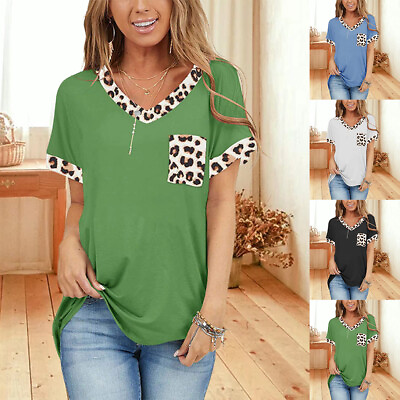#ad Womens Leopard V Neck T Shirt Tops Ladies Casual Loose Tunic Blouse Pullover Tee $16.59