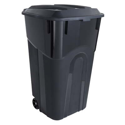 #ad 32 Gallon Wheeled Heavy Duty Plastic Garbage Can Attached Lid Black $21.83
